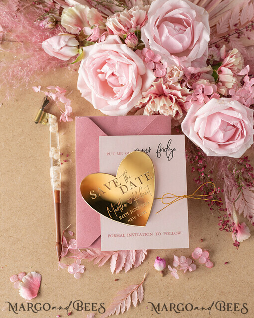 SAVE THE DATES rustikale Boho-Magnete Personalisierter Save the Date Hör-Magnet und Karte, Gold Elegante Hochzeits-Save The Dates Acrylherz, Velvet Save The Date Karten