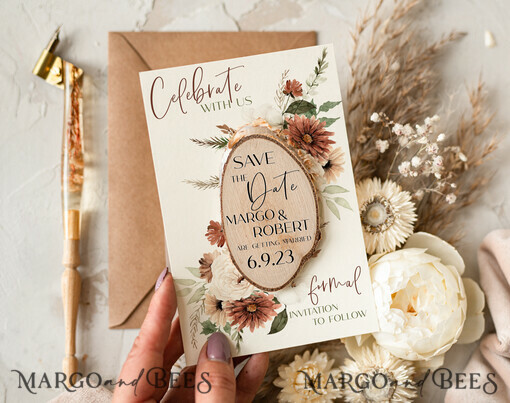SAVE THE DATES rustic boho magnets Wedding Save The Date Card and wooden slice Magnet, craft Save Our Date wood slice Magnets, Boho save our dates Cards wooden Magnets Cards, boho wedding save the date cards and slice magnets