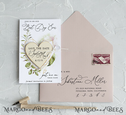 SAVE THE DATES rustic boho magnets Save the Date Card with Geometric greenery Heart with Personalised Rustic Wooden Fridge Magnet
