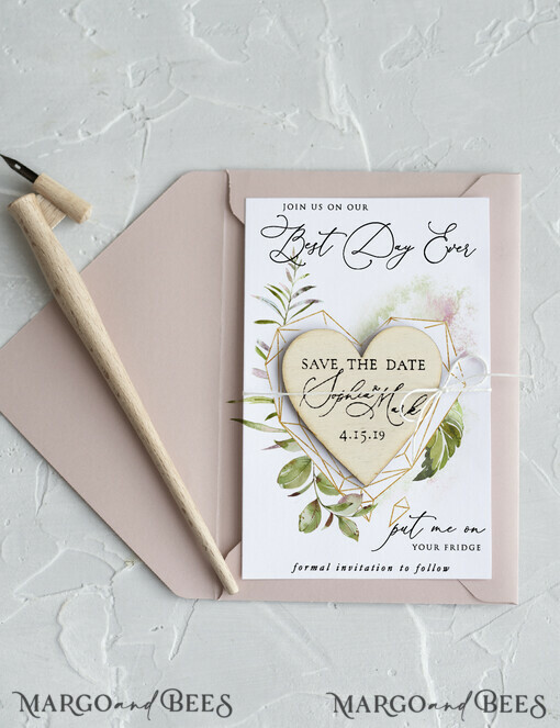 SAVE THE DATES rustic boho magnets Save the Date Card with Geometric greenery Heart with Personalised Rustic Wooden Fridge Magnet
