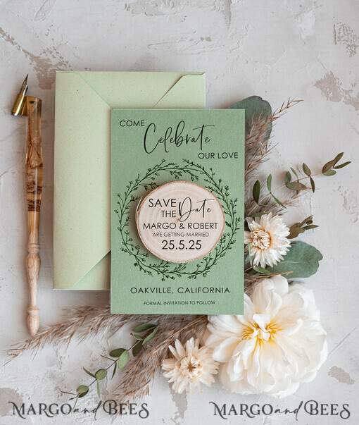 SAVE THE DATES rustikale Boho-Magnete Sage Green Rustikale Save The Date Magnet & Karte Moderne Handwerkskunst Save Our Date Holzmagnete Boho Save The Date Karten Holzscheibenmagnete Florale Karte