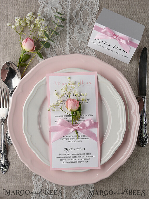 MENU & PROGRAMS rustic and lace Romantic Blush Pink Wedding Menu With Ribbon, Glamour Minimalist Dinner menu with Ribbon, Elegant Simple Party Table Menu, Modern White & Pink Wedding Menu Card