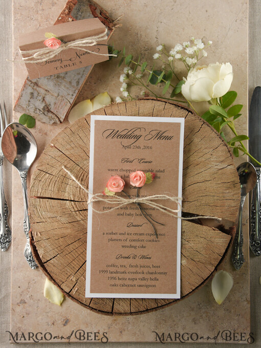 MENU & PROGRAMS rustic and lace Rustic Wedding Menu, Barn Wedding Dinner Menu, Eco Romantic Personalized Cards with Wooden Burlap Twine, Kraft Wedding Menu, Simple Rustic Wedding Menu, Elegant Eco Brown Wedding Menu Cards