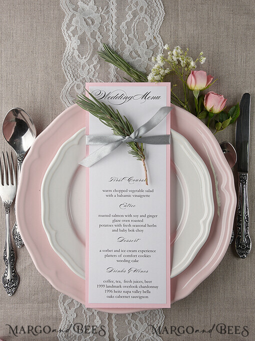 MENU & PROGRAMS rustic and lace Romantic Wedding Menu with Grey Ribbon, Vintage Personalized Menu Cards, Light Grey and Blush Pink Shabby Chic Wedding Menu, Elegant Handmade Wedding Menu Card