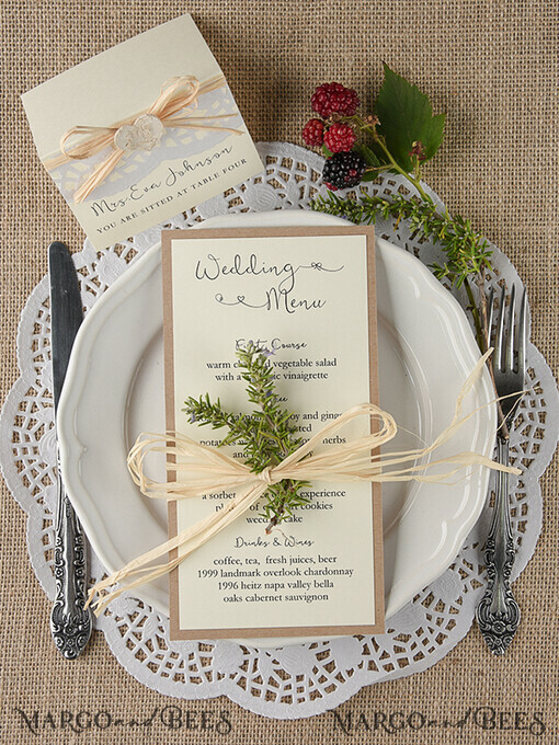 MENU & PROGRAMS rustic and lace Custom Rustic Glam Wedding Menu, Bespoke Vintage Wedding Menu Cards, Elegant Wedding Menus With Raffia Twine, Minimalist Handmade Ecru & Brown Wedding Menu Card
