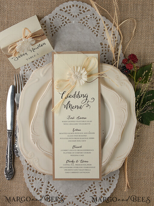 MENU & PROGRAMS rustic and lace Rustic Wedding Menu with Flower, Barn Wedding Menu Cards, Eco Romantic Personalized Cards with Decoration, Simple Rustic Wedding Program, Elegant Ecru Wedding