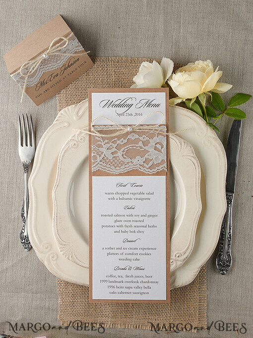 MENU & PROGRAMS rustic and lace Minimalist Brown Wedding Menu, Aesthetic Chic Lace Reception Dinner Menu, Romantic Menu With Burlap Twine, Elegant White And Brown Handmade Wedding Menu Cards