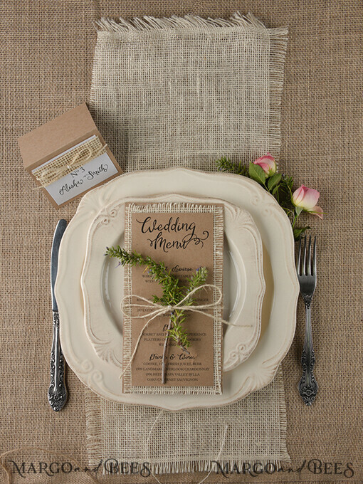 MENU & PROGRAMS rustic and lace Rustic Brown and Burlap Wedding Menu, Barn Wedding Dinner Menu, Eco Romantic Personalized Cards, Kraft Wedding Menu, Simple Rustic Wedding Menu, Elegant Eco Brown Wedding Menu Cards