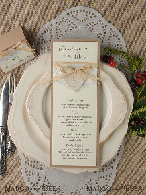 MENU & PROGRAMS rustic and lace Minimalist Brown Wedding Menu, Aesthetic Lace Reception Dinner Menu, Romantic Menu With Wooden Heart, Elegant  Wedding Menu Cards