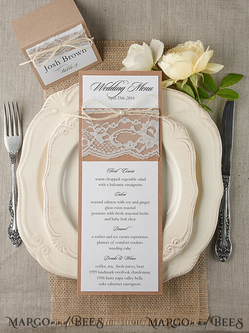 MENU & PROGRAMS rustic and lace Minimalist Brown Wedding Menu, Aesthetic Lace Reception Dinner Menu, Romantic Menu With Burlap Twine, Elegant  Wedding Menu Cards