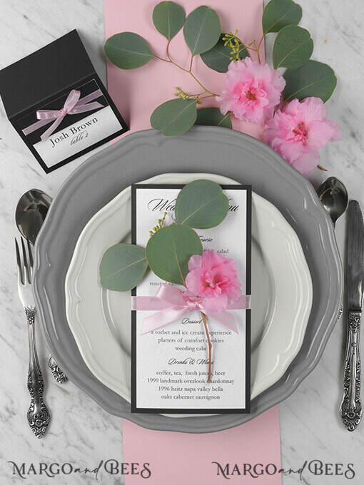 MENU & PROGRAMS rustic and lace  Minimalist Black Wedding Menu, Aesthetic Reception Dinner Menu, Romantic Menu With Pink Ribbon, Elegant Black Wedding Menu, Unique Modern Black and White Menu