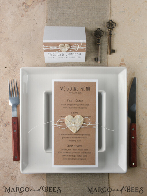 MENU & PROGRAMS rustic and lace Rustic Wedding Menu, Barn Wedding Dinner Menu, Eco Romantic Personalized Cards with Wooden Heart  And Twine, Kraft Wedding Menu, Simple Rustic Wedding Menu, Elegant Eco Brown Wedding Menu Cards