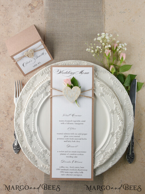 MENU & PROGRAMS rustic and lace Minimalistic White Wedding Menus, Elegant Rustic  Wedding Menu Cards, Aesthetic Wedding Dinner Menu with Wooden Heart, Modern Wedding Menu, Delicate Classic Wedding Menu