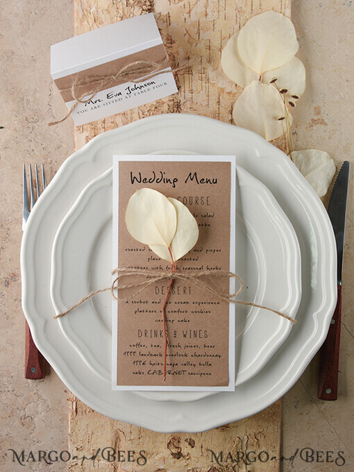 MENU & PROGRAMS rustikal und Spitze Rustikales Hochzeitsmenü, Hochzeitsdinner-Menü in der Scheune, ökologische romantische personalisierte Karten mit Blatt und Schnur, Kraft-Hochzeitsmenü, einfaches handgemachtes rustikales Hochzeitsmenü