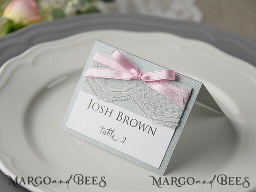 PLACE CARDS / TABLE CARDS rustic and lace Elegant White and Grey Wedding Place Cards, Rustic Name Tags, Romantic Wedding Place Cards with Lace and Pink Ribbon, Custom Text, Rustic Wedding Place Cards