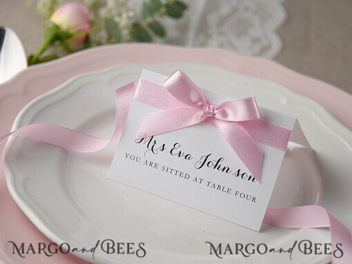 PLACE CARDS / TABLE CARDS rustic and lace Romantic White Minimalist Wedding Table Place Cards with Pink Ribbon, Modern Elegant Botanical Place Card, Glamour Table Cards, Gorgeous Floral Wedding Name Tag