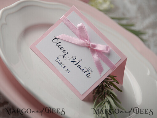 PLACE CARDS / TABLE CARDS rustic and lace Romantic White Minimalist Wedding Table Place Cards with Pink Ribbon, Modern Elegant Botanical Place Card, Glamour Table Cards, Gorgeous Floral Wedding Name Tag