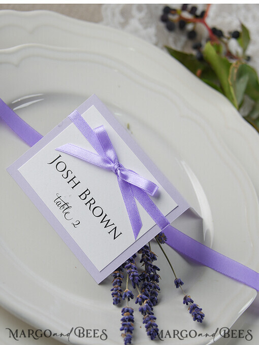 PLACE CARDS / TABLE CARDS rustic and lace Romantic Lavender Wedding Place Cards, Lilac Name Tags, Lavender Ribbon Bow, Elegant Wedding Stationery, Rustic Escort Cards, Editable Text, Wedding Signage