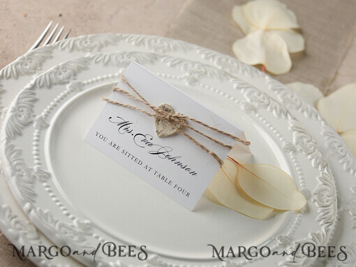 PLACE CARDS / TABLE CARDS rustic and lace Elegant Eco White Wedding Place Cards with Wooden Heart, White Wedding Name Tags with Burlap Twine and Birch Heart, Rustic Wedding Stationery, Editable Text