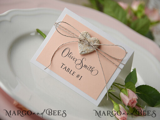 PLACE CARDS / TABLE CARDS rustic and lace Elegant Eco White Wedding Place Cards with Wooden Heart, Pink Wedding Name Tags with Natural Twine and Birch Heart, Rustic Wedding Stationery, Editable Text