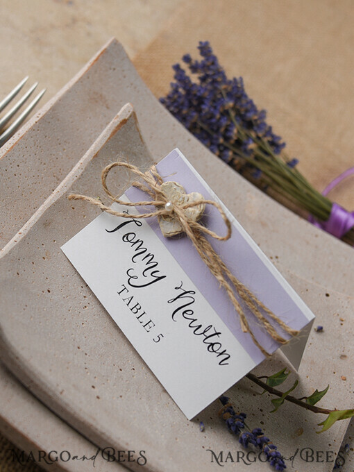 PLACE CARDS / TABLE CARDS rustic and lace Romantic Lavender Wedding Place Cards, Lilac Name Tags with Burlap Twine and Wooden Heart, Elegant Wedding Stationery, Rustic Escort Cards, Editable Text