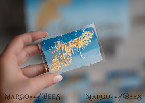 PLACE CARDS / TABLE CARDS Acrylic Gold Clear / Wood 3D Modern Ombre sky blue Acrylic Place card, Wedding Place Cards, Royal Blue Name Card premium, Transparent Acryl Seating Card, Painted Luxury Escort Cards