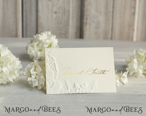 PLACE CARDS / TABLE CARDS Luxury Premium Glitter/ Gold/ Silver/ Rose Gold Elegant Embossed Ivory Wedding Place Cards, Small Table Cards with Gold Foil Border, Tent Cards, Escort Cards, Name Cards, Ecru Table name cards, Personalized wedding decor, Editable Text