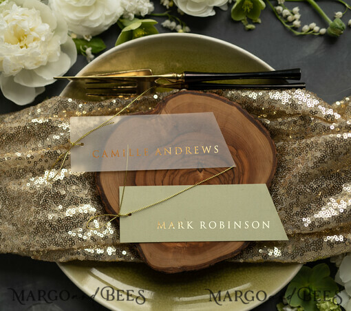 PLACE CARDS / TABLE CARDS Luxury Premium Glitter/ Gold/ Silver/ Rose Gold Minimalist Geometric Green Wedding Place Cards, Delicate Transparent Vellum Wedding Name Tags with Gold Twine, Modern Wedding Stationery, Custom Escort Cards