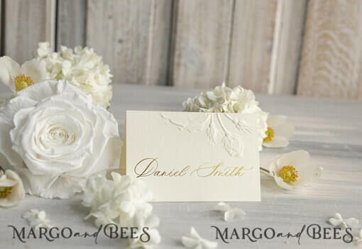 PLACE CARDS / TABLE CARDS Luxury Premium Glitter/ Gold/ Silver/ Rose Gold Elegant Embossed Ivory Wedding Place Cards, Small Table Cards with Gold Foil Border, Tent Cards, Escort Cards, Name Cards, Ecru Table name cards, Personalized wedding decor, Editable Text