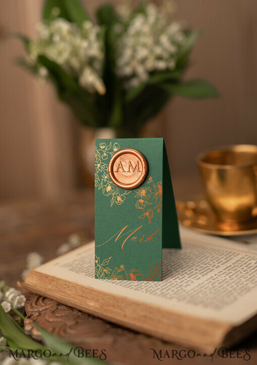 PLACE CARDS / TABLE CARDS Luxury Premium Glitter/ Gold/ Silver/ Rose Gold Modern Bottle Green Wedding Place Cards with Shiny Gold Foil, Elegant Wedding Name Tags with Wax Seal, Botanical Wedding Stationery, Glamour Custom Escort Card