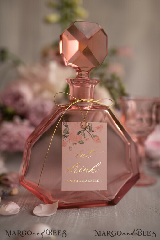 DRINKS LABELS Glitzer Personalisierte Hochzeitsgetränkebeschriftungen goldene Schrift Rosen