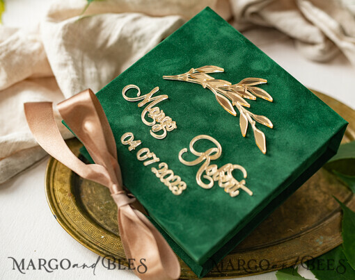 RING BEARER BOXES & PILLOWS Samtkästchen für den Trauungszeremonie grüne goldene Samt-Ringbox für die Zeremonie, Ringbox für die Hochzeitszeremonie 3 Ringe Samt, Boho Glam Hochzeitsringboxen für ihn und sie, luxuriöse Samt-Ringbox doppelt, benutzerdefinierte Farben