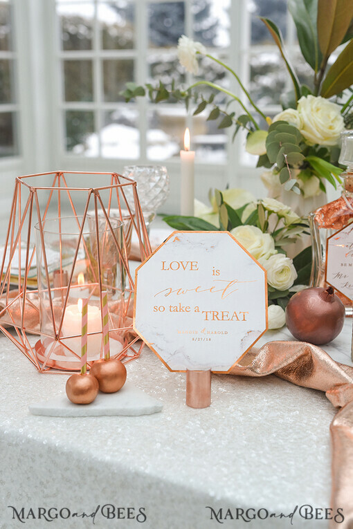 TABLE DECOR SIGNS glitter Copper Marble Wedding Table Sign, Geometric Love Is Sweet Wedding Table Sign, Dessert Table Sign, Copper Wedding Favor Table Signs, Dessert Table, Editable Text