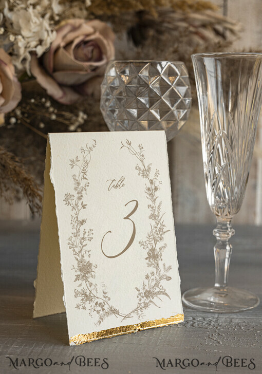 TABLE DECOR SIGNS glitter Elegant Hand Torn Edge with gold foil border Wedding Table Number – Luxury Ivory Tent Card