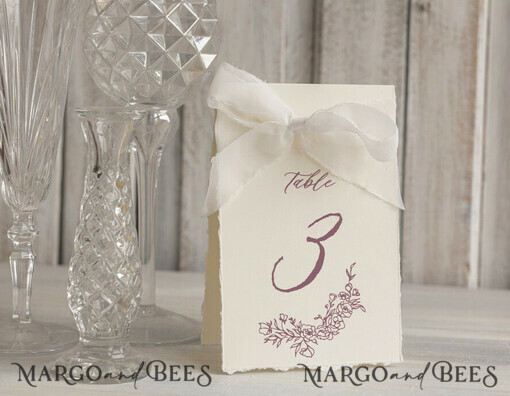TABLE DECOR SIGNS glitter Elegant Hand Torn Edge with silk ribbon Wedding Table Number – Luxury Vintage Ivory Tent Card