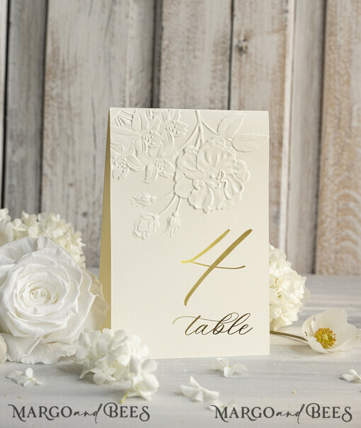 TABLE DECOR SIGNS glitter Elegant Gold Wedding Table Number Card with Embossed Floral Design, Ivory Textured Paper, Folded Tent Style, Classic Font, Luxury Reception Decor