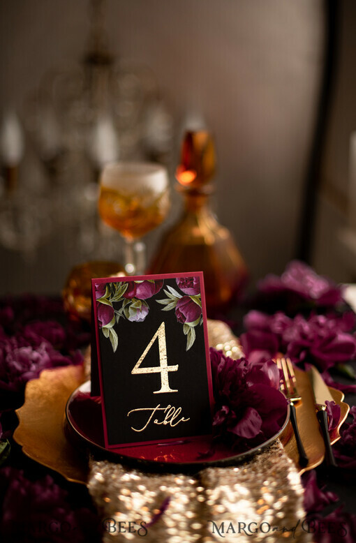 TABLE DECOR SIGNS glitter Luxury Vintage Wedding Table Numbers, Glamour Black and Burgundy Table Cards, Romantic Peonies Wedding Table Décor, Vintage Peony golden and black Table Numbers