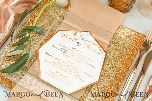 MENU & PROGRAMS Glitzer/ Luxus Premium Kupfer Gold Folie Marmor Hochzeitsmenü, Luxuriöse Marmor Hochzeitsmenü Karten, Glamour Glitzer Hochzeitsmenü, Elegantes Geometrisches Menü, Maßgeschneiderte Kupfer Hochzeitsstationery