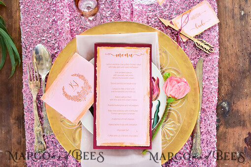 MENU & PROGRAMS glitter/ luxury premium Romantic Watercolor Wedding Menu With Gold,  Elegant White and Gold Menu Card with Custom Monogram Belly Band, Unique Handmade Romantic Deckle-edge Dinner Menu