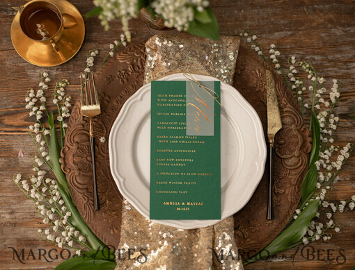 MENU & PROGRAMS glitter/ luxury premium Emerald Green Golden Shine Wedding Menu, Green And Gold Foil Wedding Table Menu, Modern Dinner Menu With Golden Twine And Vellum, Simple Handmade Wedding Menus