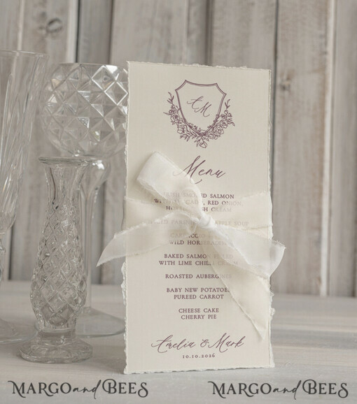 MENU & PROGRAMS glitter/ luxury premium Elegant Ecru Wedding Menu with silk ribbon, hand torn edge Elegant Wedding Menu Cards, program dinner wedding menu
