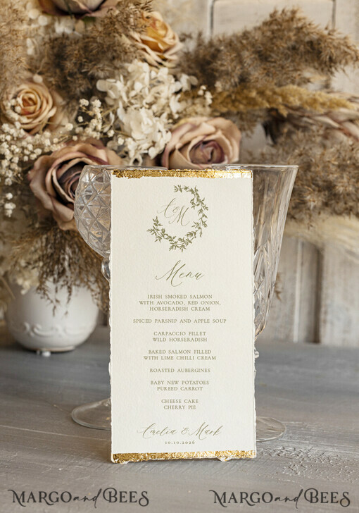MENU & PROGRAMS glitter/ luxury premium Elegant Ivory Wedding Menu, hand torn edge Elegant Wedding Menu Cards with gold foil border, program dinner wedding menu