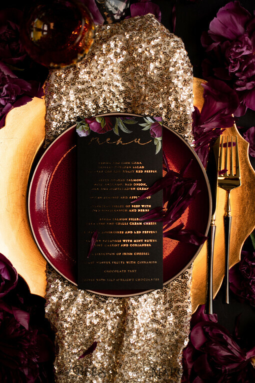 MENU & PROGRAMS glitter/ luxury premium Glamour Black Wedding Menu, Floral Bohemian Reception Dinner Menu, Romantic Gold Foil Floral Menu, Elegant Chic Black Wedding Menu, Modern Handmade Black Menu