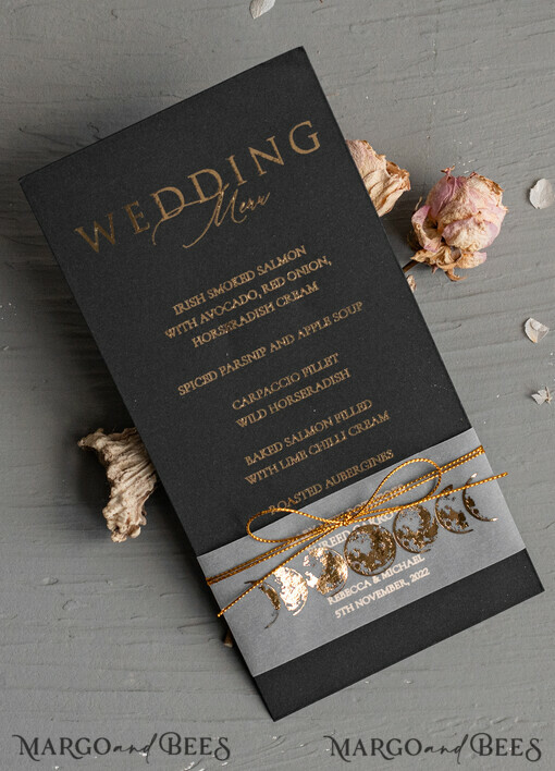 MENU & PROGRAMS glitter/ luxury premium Halloween Wedding Menu Card, Black Wedding Menu, Spooky Halloween Menu, Gothic Wedding Menu Cards, Skeleton Wedding Set black and gold