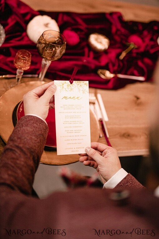 MENU & PROGRAMS glitter/ luxury premium Luxury Golden Shine Wedding Menu, Glamour Chic Handmade Ivory Dinner Menu Cards with Burgundy Ribbon, Custom Romantic Gold Foil Wedding Menu With Floral Motif