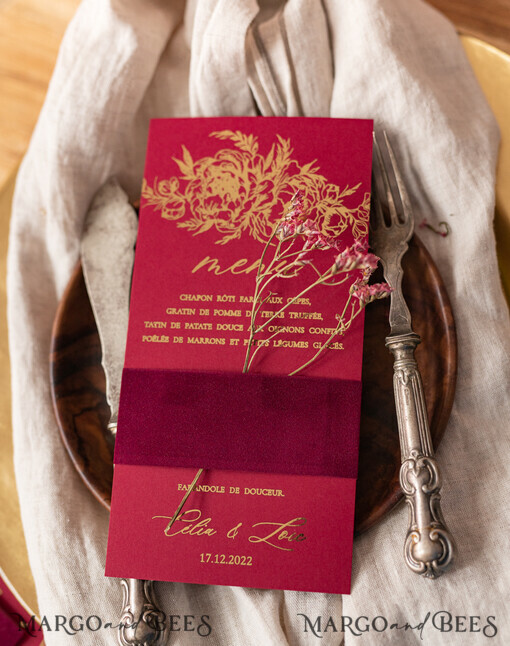MENU & PROGRAMS glitter/ luxury premium Elegant Burgundy And Gold Wedding Menu, Glamour Gold Foil Dinner Menu With Velvet Belly Band, Unique Luxury Marsala Menu, Modern Wedding Menu Cards With Florals
