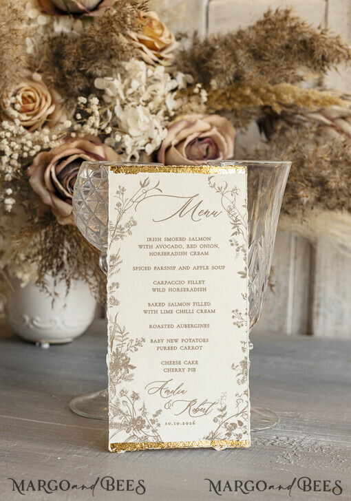 MENU & PROGRAMS glitter/ luxury premium Elegant Ivory Wedding Menu, hand torn edge Elegant Wedding Menu Cards with gold foil border, program dinner wedding menu