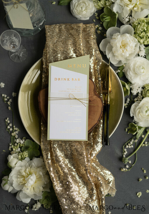 MENU & PROGRAMS glitter/ luxury premium Luxury Gold Foil Wedding Menu, Elegant Sage Green & White Wedding Menu Cards, Glamour Golden Shine Dinner Menu, Geometric Wedding Menu With Twine and Belly Band