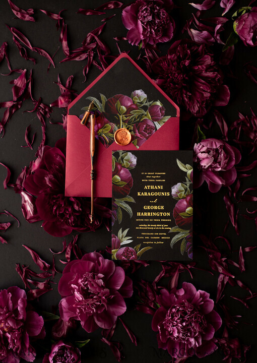 WEDDING INVITATIONS Modern Invites Floral Cards Black wedding invitations, black card, red wedding invitations, burgundy wedding invitations, marsala wedding invitations, flower blossom, red envelope, red and black wedding invitations, floral wedding invitations, gold lettering, vintage flowers, vintage flower illustration, vintage wedding invitations, floral wedding stationery, floral wedding accessories, personalized wedding invitations, handmade wedding invitations