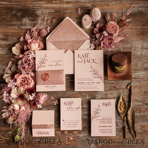 WEDDING INVITATIONS Modern Invites Floral Cards Rose Gold Glitter wedding invitations, Blush Pink wedding invitation Suite • Luxury Wedding Invitation Suite • Minimalistic  wedding Stationery